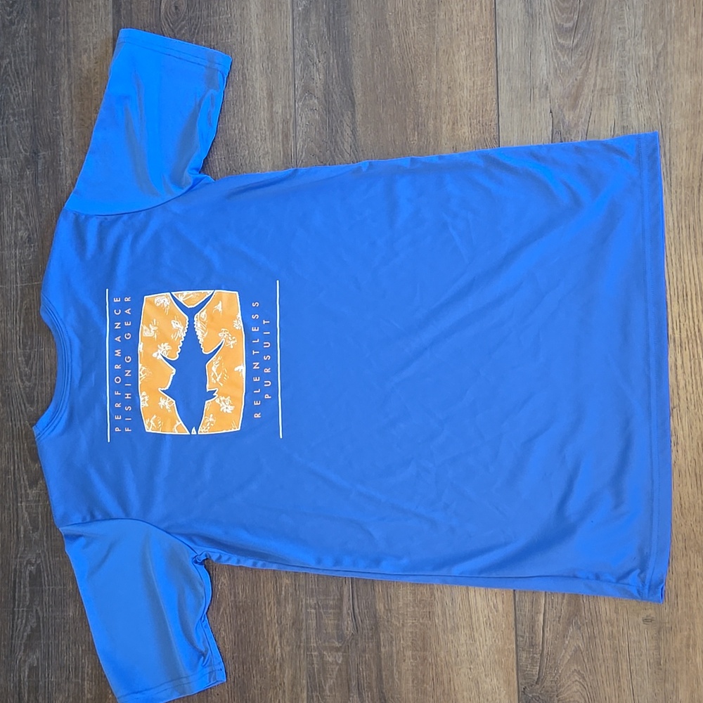 Columbia dry fit tee, EUC, royal blue with orange detail